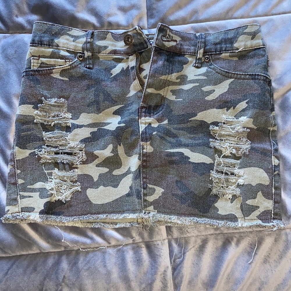(green) camo ripped jean skirt